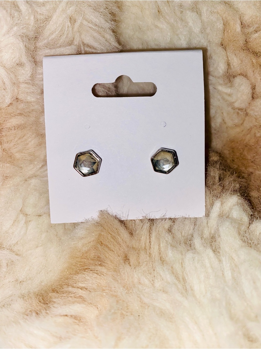 Rhinestone silver tone hexagon post back earrings